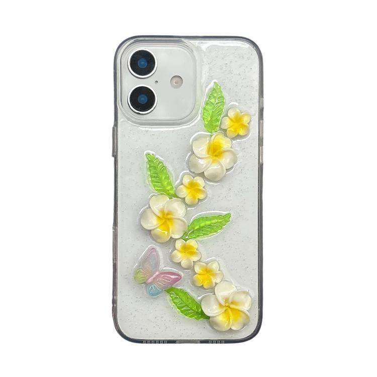 For iPhone 16 Epoxy 3D Butterfly Plumeria Acrylic Phone Case - Transparent