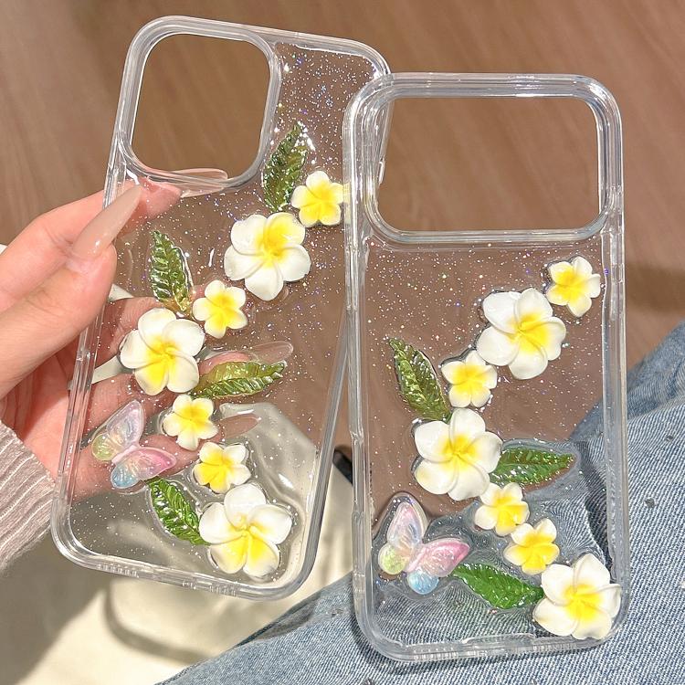 For iPhone 14 Pro Epoxy 3D Butterfly Plumeria Acrylic Phone Case - Transparent