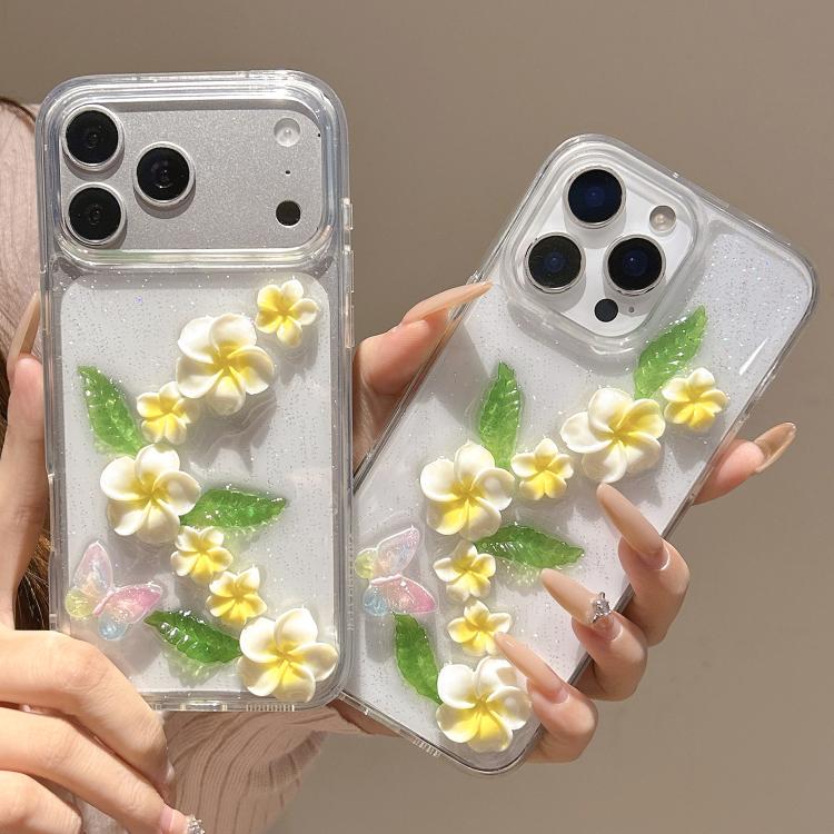 For iPhone 13 Epoxy 3D Butterfly Plumeria Acrylic Phone Case - Transparent