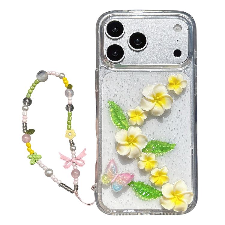 For iPhone 17 Pro Max Epoxy 3D Butterfly Plumeria Acrylic Phone Case with Wrist Chain - Transparent