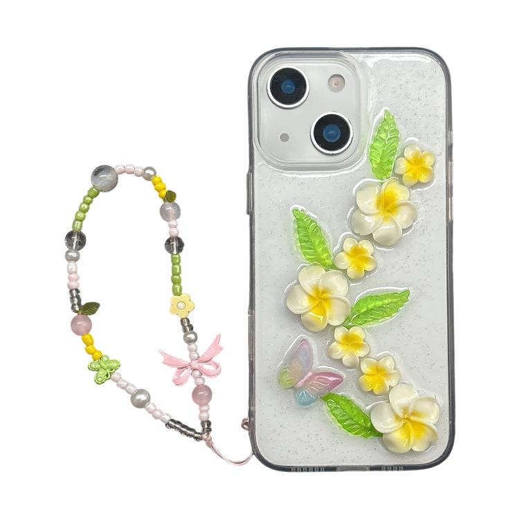For iPhone 14 Epoxy 3D Butterfly Plumeria Acrylic Phone Case with Wrist Chain - Transparent