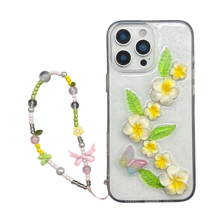 For iPhone 13 Pro Epoxy 3D Butterfly Plumeria Acrylic Phone Case with Wrist Chain - Transparent
