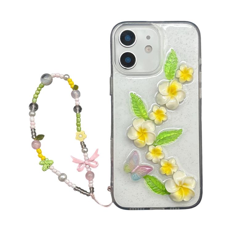 For iPhone 11 Epoxy 3D Butterfly Plumeria Acrylic Phone Case with Wrist Chain - Transparent