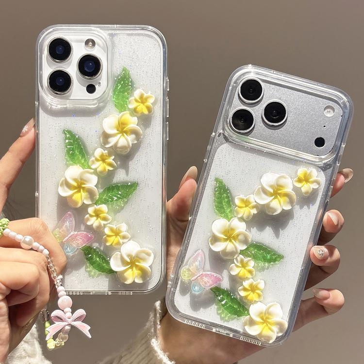 For iPhone 14 Plus Epoxy 3D Butterfly Plumeria Acrylic Phone Case with Wrist Chain - Transparent