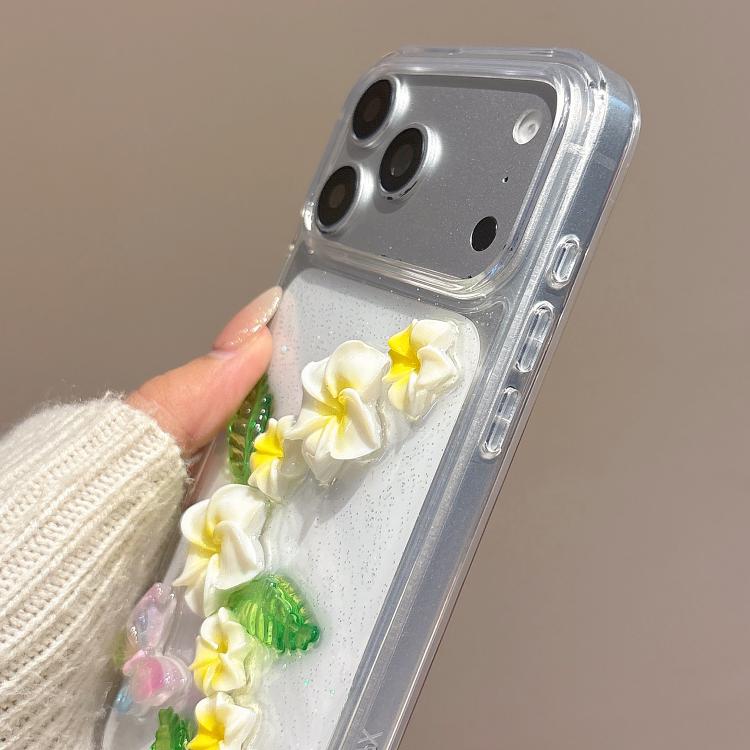 For iPhone 14 Plus Epoxy 3D Butterfly Plumeria Acrylic Phone Case with Wrist Chain - Transparent