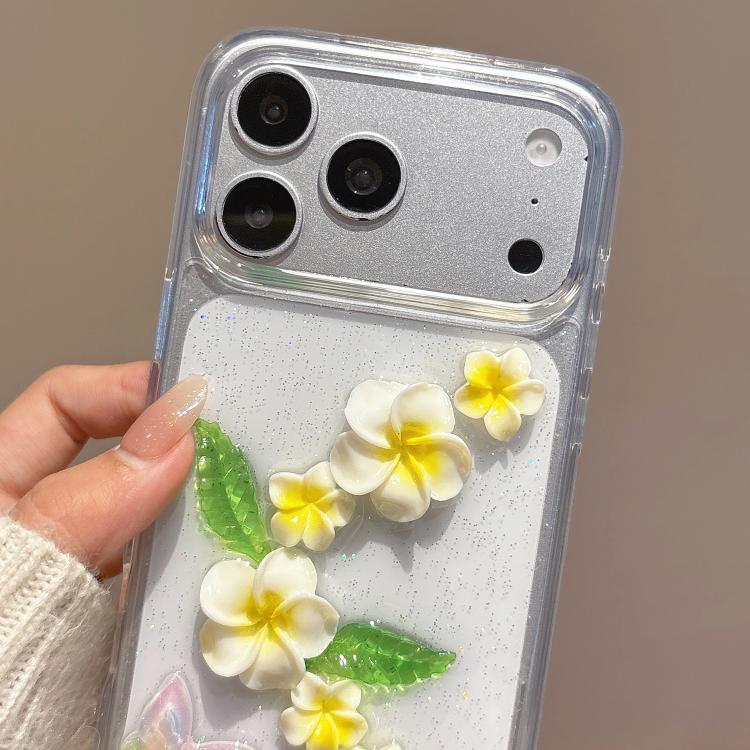 For iPhone 16 Epoxy 3D Butterfly Plumeria Acrylic Phone Case with Wrist Chain - Transparent