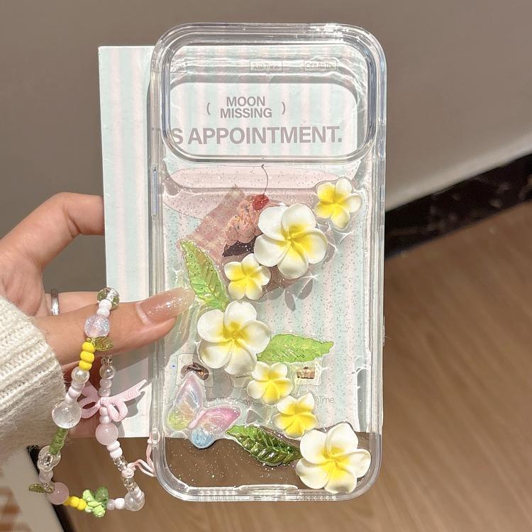 For iPhone 14 Plus Epoxy 3D Butterfly Plumeria Acrylic Phone Case with Wrist Chain - Transparent
