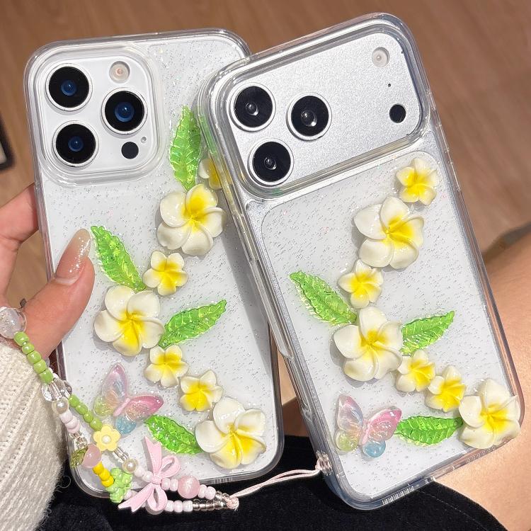 For iPhone 12 Pro Max Epoxy 3D Butterfly Plumeria Acrylic Phone Case with Wrist Chain - Transparent