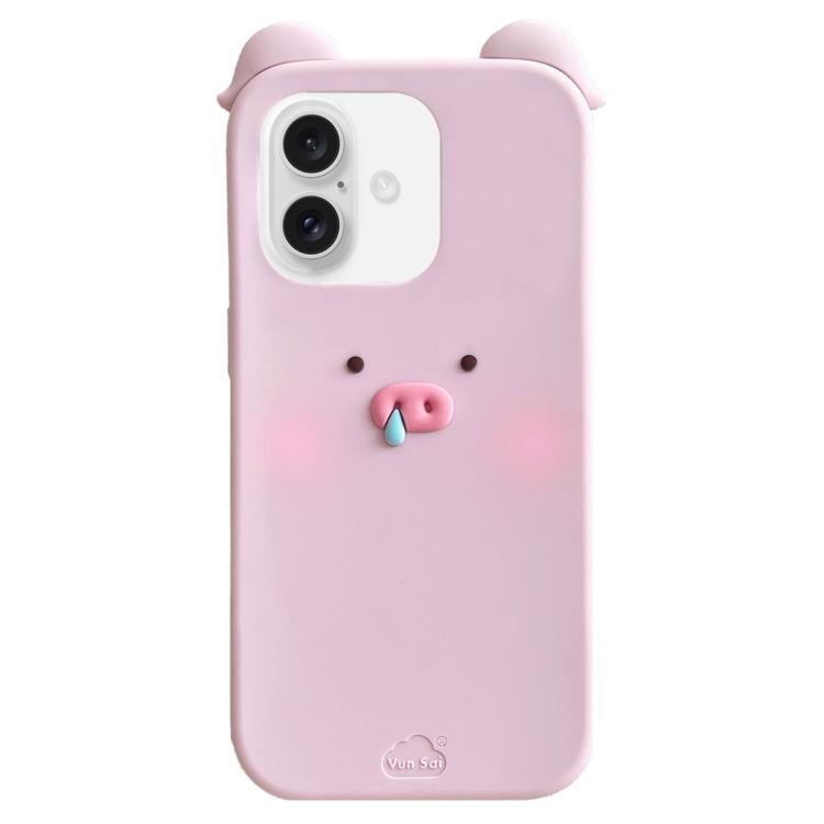 For iPhone 16 Blush Snot Pig Design Silicone Phone Case - Pink