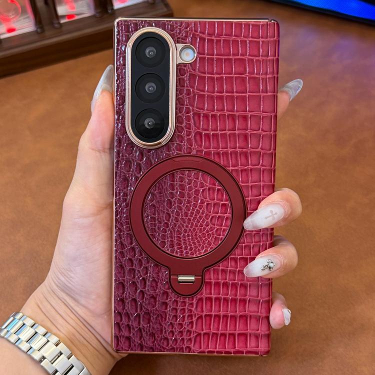 For Galaxy Z Fold5 Crocodile Texture Genuine Leather Rotating Stand Phone Case