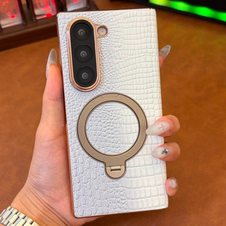 For Galaxy Z Fold5 Crocodile Texture Genuine Leather Rotating Stand Phone Case