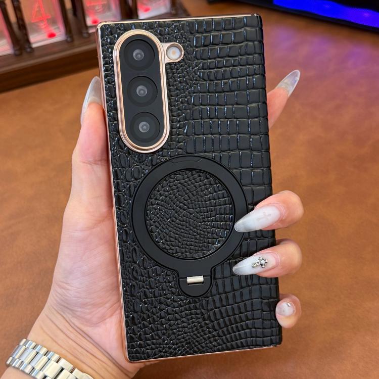 For Galaxy Z Fold6 Crocodile Texture Genuine Leather Rotating Stand Phone Case