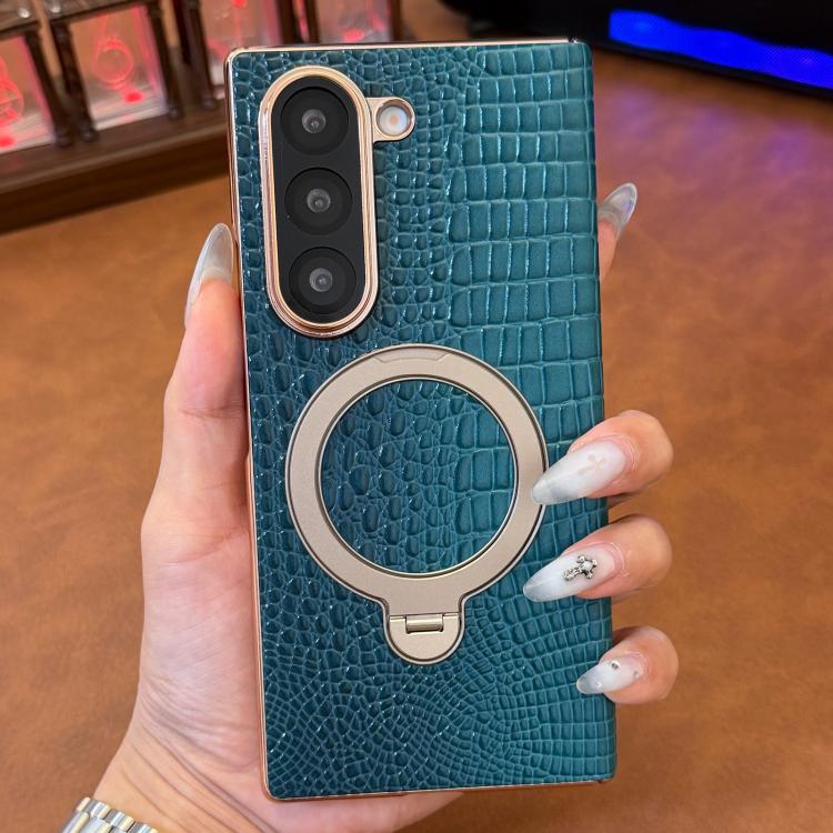 For Galaxy Z Fold6 Crocodile Texture Genuine Leather Rotating Stand Phone Case