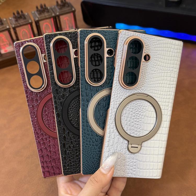 For Galaxy Z Fold7 5G Crocodile Texture Genuine Leather Rotating Stand Phone Case