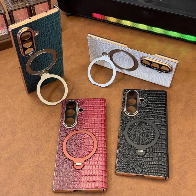 For Galaxy Z Fold7 5G Crocodile Texture Genuine Leather Rotating Stand Phone Case