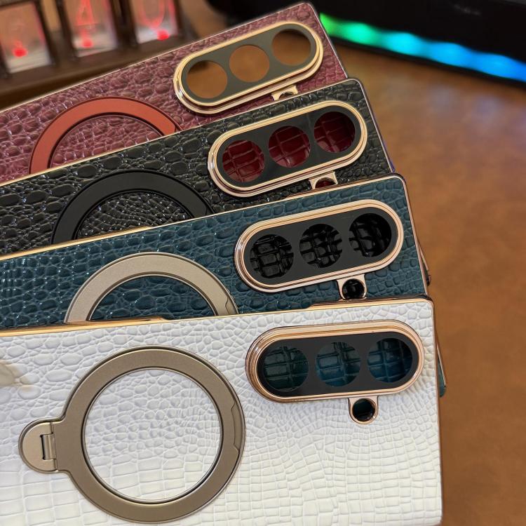 For Galaxy Z Fold7 5G Crocodile Texture Genuine Leather Rotating Stand Phone Case