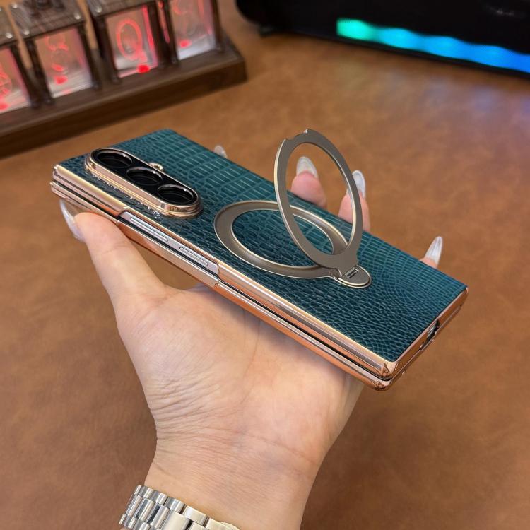 For Galaxy Z Fold7 5G Crocodile Texture Genuine Leather Rotating Stand Phone Case