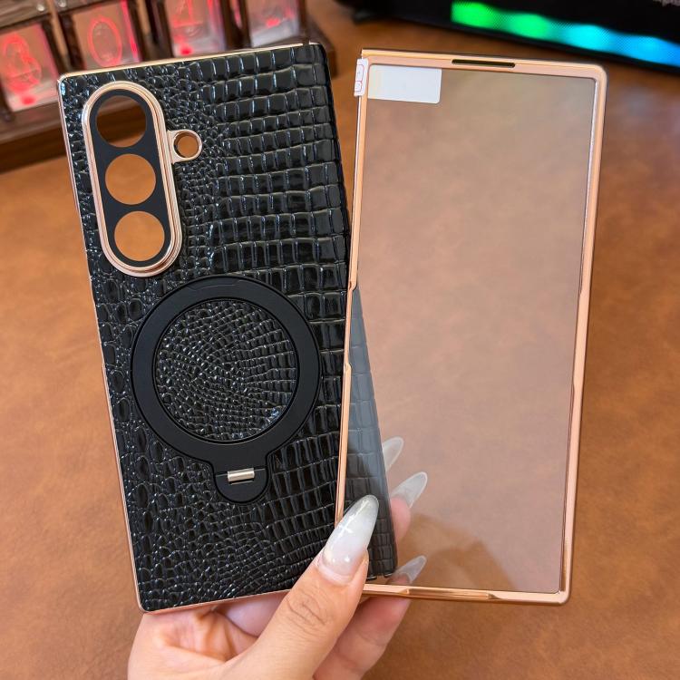 For Galaxy Z Fold7 5G Integrated Crocodile Texture Genuine Leather Rotating Stand Phone Case