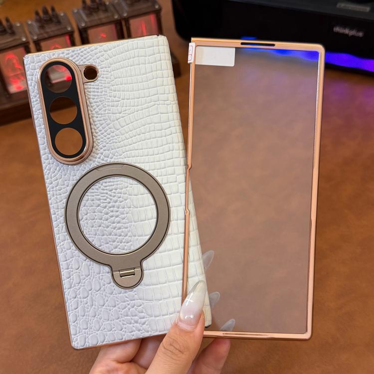 For Galaxy Z Fold6 Integrated Crocodile Texture Genuine Leather Rotating Stand Phone Case