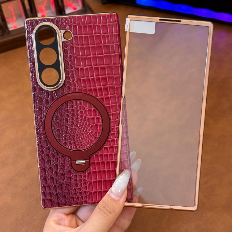 For Galaxy Z Fold5 Integrated Crocodile Texture Genuine Leather Rotating Stand Phone Case