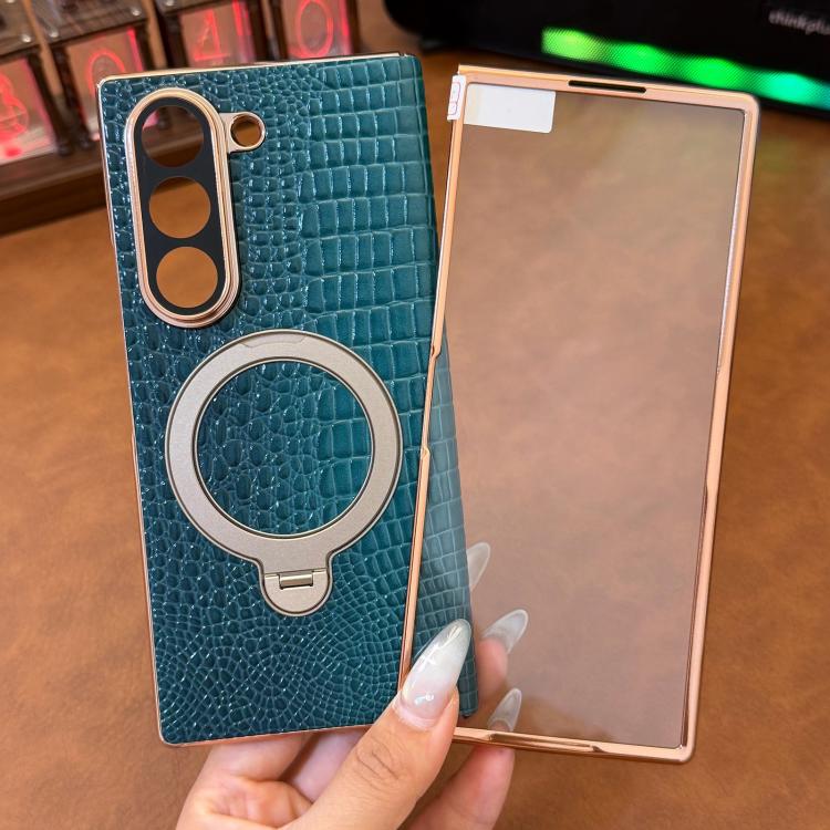 For Galaxy Z Fold5 Integrated Crocodile Texture Genuine Leather Rotating Stand Phone Case