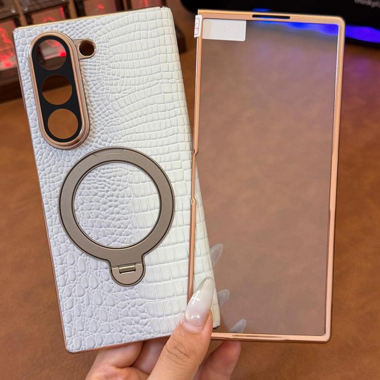 For Galaxy Z Fold5 Integrated Crocodile Texture Genuine Leather Rotating Stand Phone Case