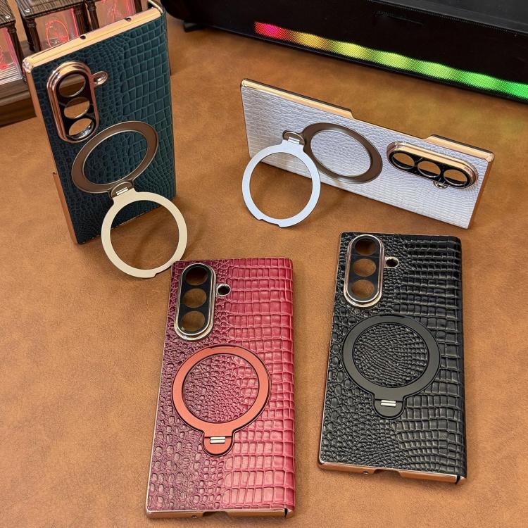 For Galaxy Z Fold6 Integrated Crocodile Texture Genuine Leather Rotating Stand Phone Case