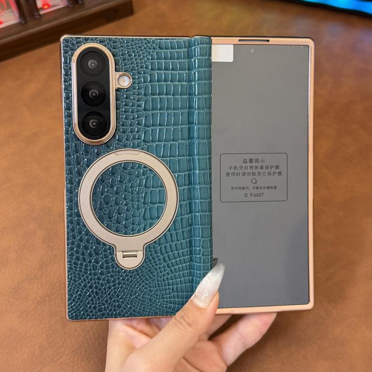 For Galaxy Z Fold6 Integrated Crocodile Texture Genuine Leather Rotating Stand Phone Case