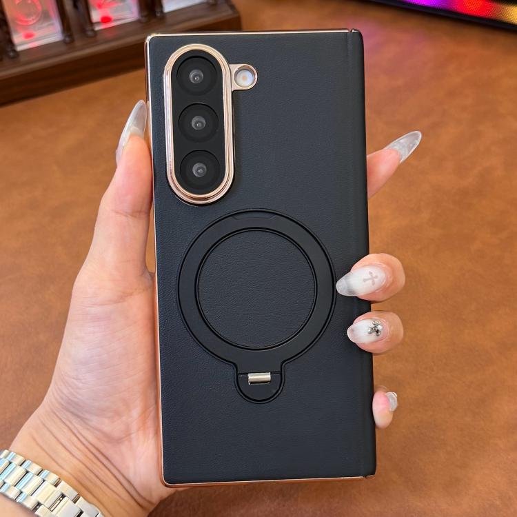 For Galaxy Z Fold6 Vegan Leather Single Middle Axis Rotating Stand Phone Case
