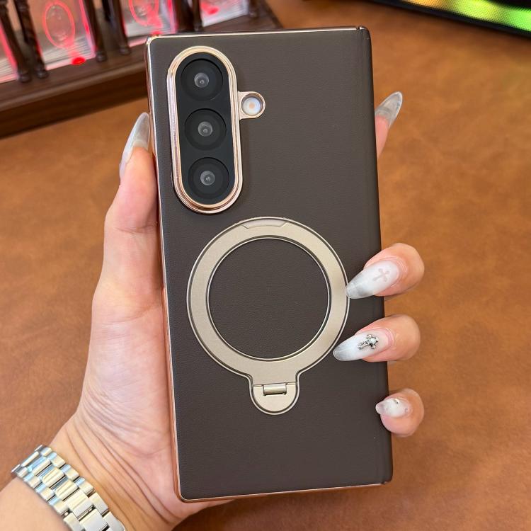 For Galaxy Z Fold7 5G Vegan Leather Single Middle Axis Rotating Stand Phone Case
