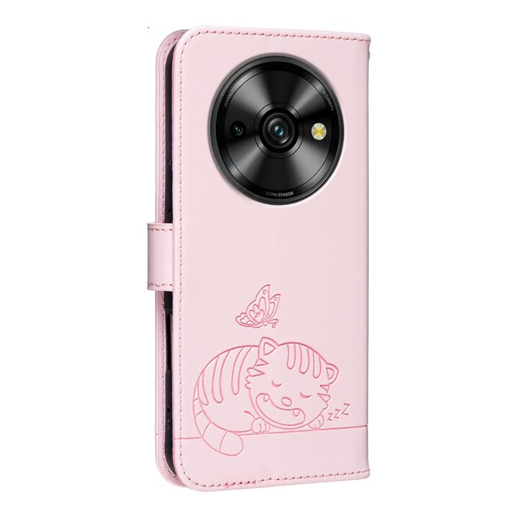 For Oukitel C59 Pro Cat Butterfly Embossed RFID Vegan Leather Phone Case with Strap