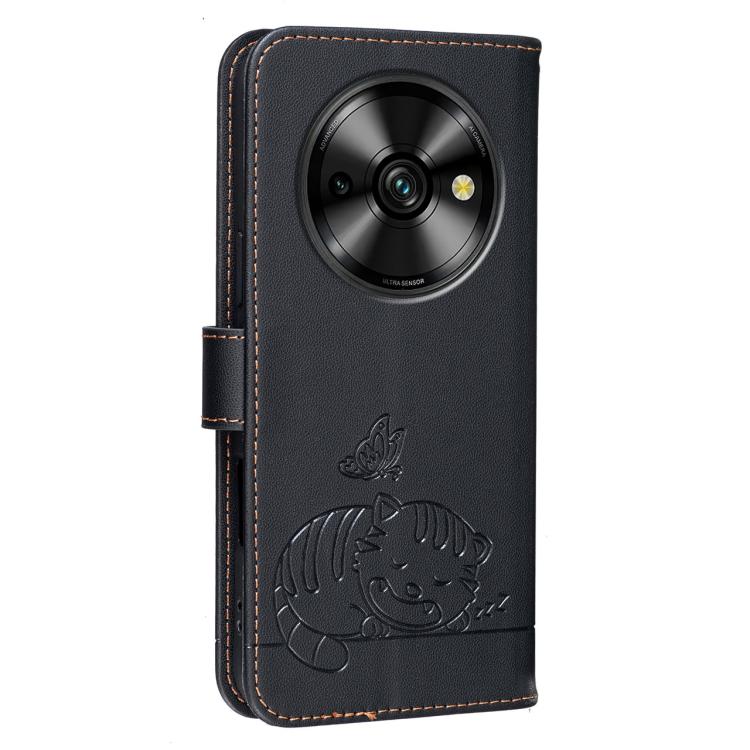 For Oukitel C59 Pro Cat Butterfly Embossed RFID Vegan Leather Phone Case with Strap