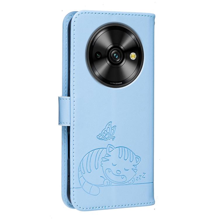 For Oukitel C59 Pro Cat Butterfly Embossed RFID Vegan Leather Phone Case with Strap