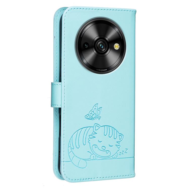 For Oukitel C59 Pro Cat Butterfly Embossed RFID Vegan Leather Phone Case with Strap