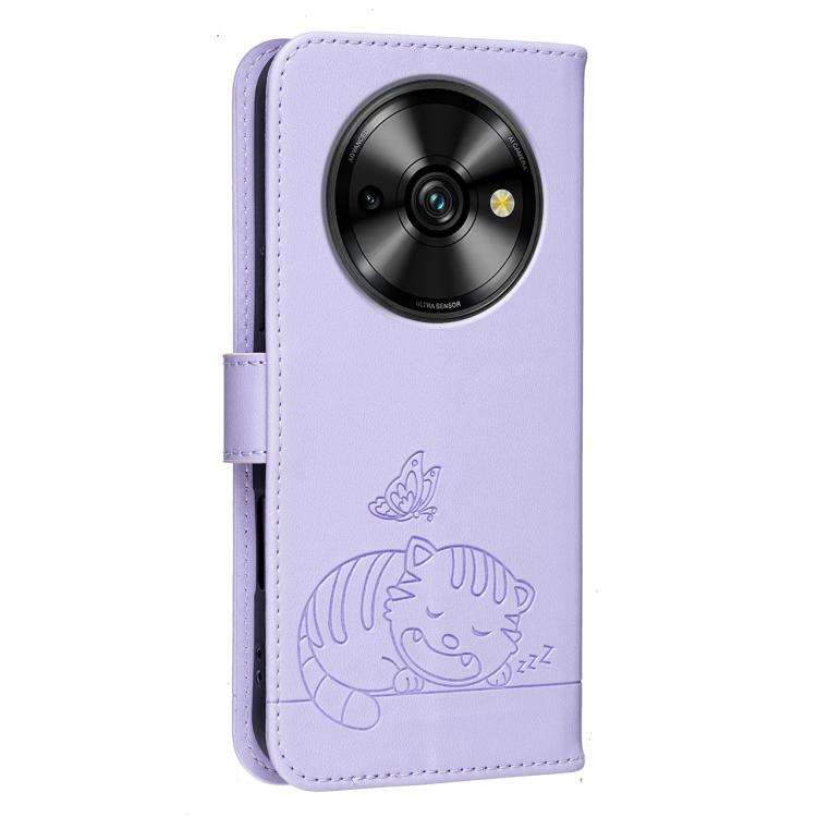 For Oukitel C59 Pro Cat Butterfly Embossed RFID Vegan Leather Phone Case with Strap