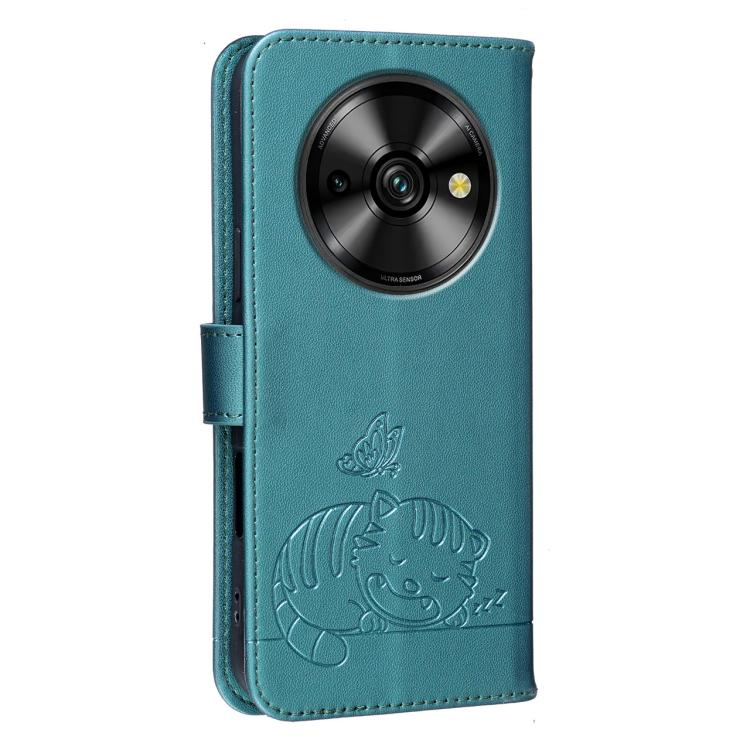 For Oukitel C59 Pro Cat Butterfly Embossed RFID Vegan Leather Phone Case with Strap