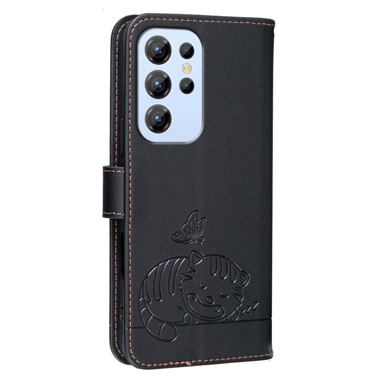 For Oukitel C1 Cat Butterfly Embossed RFID Vegan Leather Phone Case with Strap