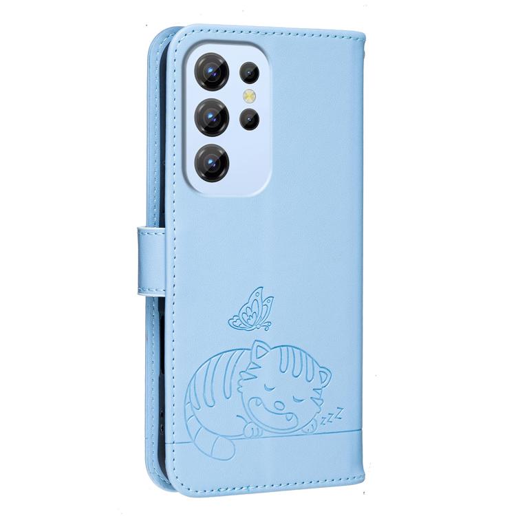 For Oukitel C1 Cat Butterfly Embossed RFID Vegan Leather Phone Case with Strap