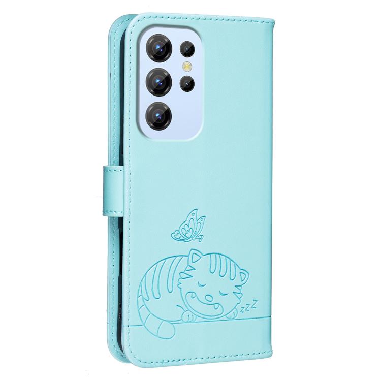 For Oukitel C1 Cat Butterfly Embossed RFID Vegan Leather Phone Case with Strap