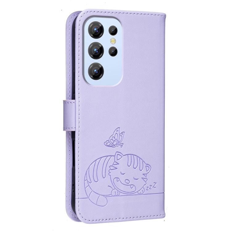 For Oukitel C1 Cat Butterfly Embossed RFID Vegan Leather Phone Case with Strap