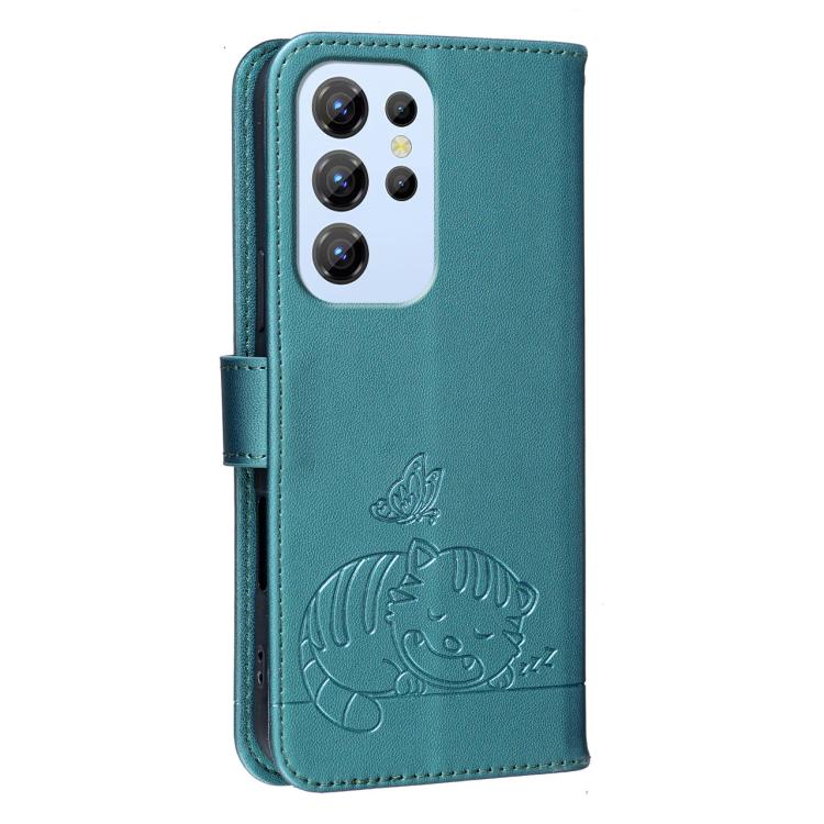 For Oukitel C1 Cat Butterfly Embossed RFID Vegan Leather Phone Case with Strap