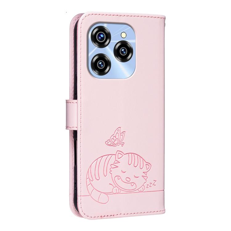 For Oukitel C50 Cat Butterfly Embossed RFID Vegan Leather Phone Case with Strap