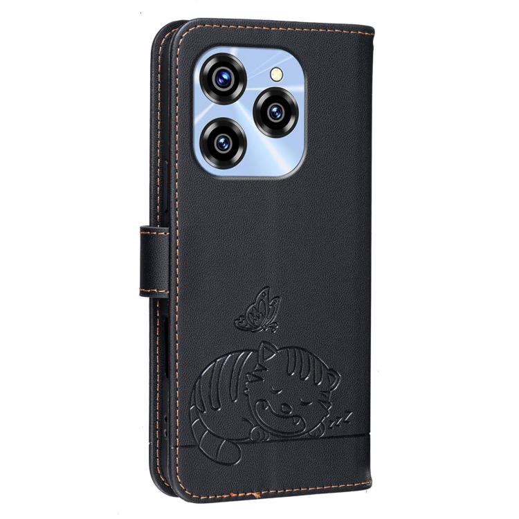 For Oukitel C50 Cat Butterfly Embossed RFID Vegan Leather Phone Case with Strap