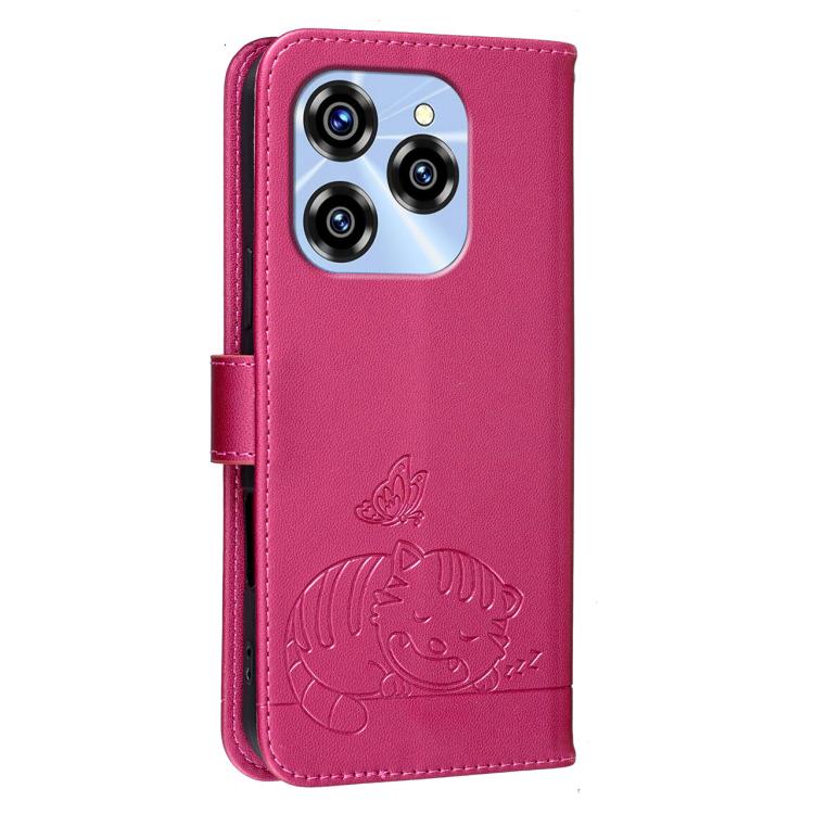 For Oukitel C50 Cat Butterfly Embossed RFID Vegan Leather Phone Case with Strap