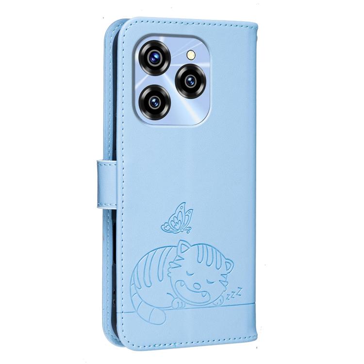 For Oukitel C50 Cat Butterfly Embossed RFID Vegan Leather Phone Case with Strap
