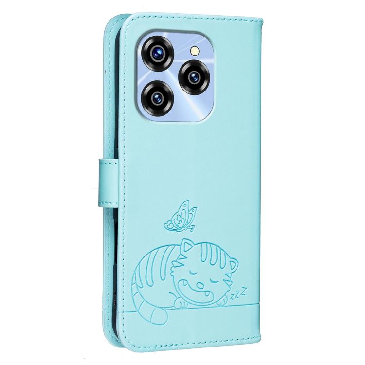For Oukitel C50 Cat Butterfly Embossed RFID Vegan Leather Phone Case with Strap