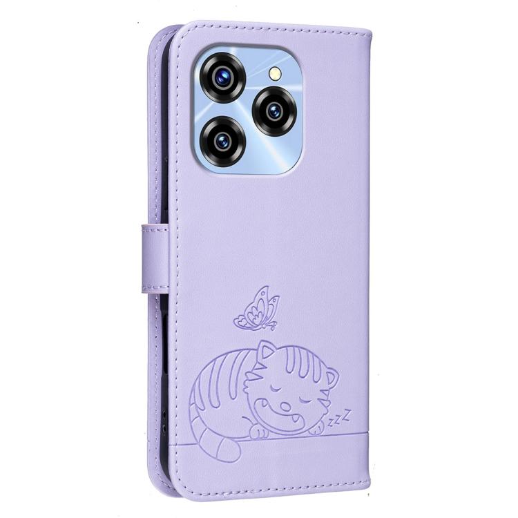 For Oukitel C50 Cat Butterfly Embossed RFID Vegan Leather Phone Case with Strap