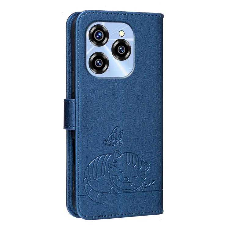 For Oukitel C50 Cat Butterfly Embossed RFID Vegan Leather Phone Case with Strap