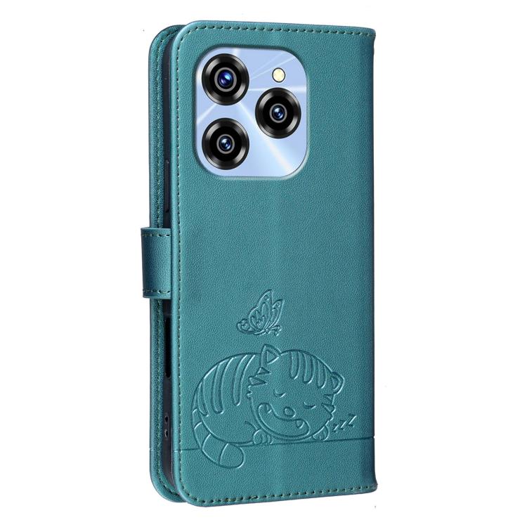 For Oukitel C50 Cat Butterfly Embossed RFID Vegan Leather Phone Case with Strap