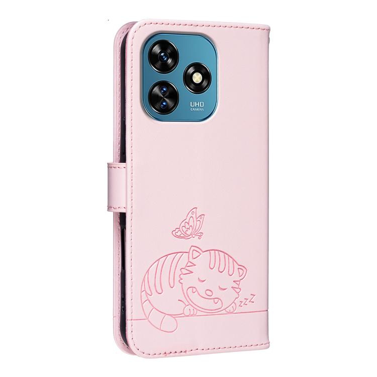 For Oukitel C51 Cat Butterfly Embossed RFID Vegan Leather Phone Case with Strap